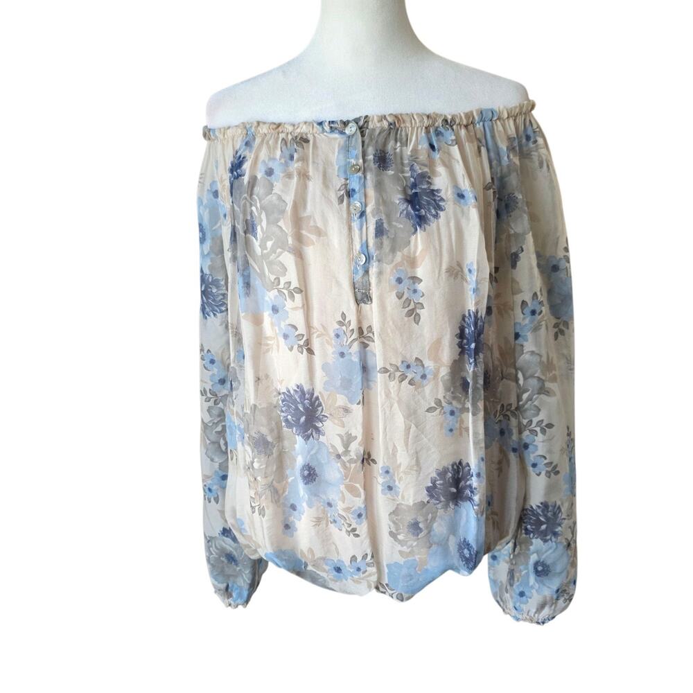 CobbleStone Made in Italy Sheer Floral Off Shoulder Blouse Beige Blue Peasant